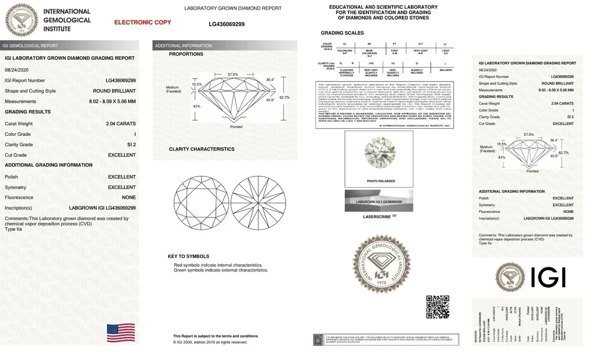 Exemple de rapport gemmologique IGI pour un diamant